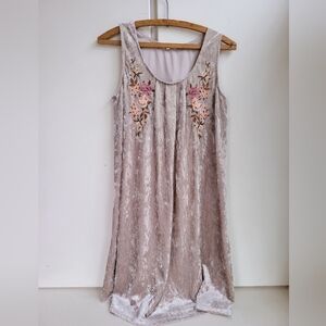 Mystree - Women's Embroidered Floral Crushed Velvet Dress - Taupe Size S Boho